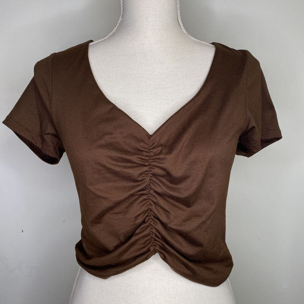 GAZE - BROWN S/S TOP W/ RUCHING