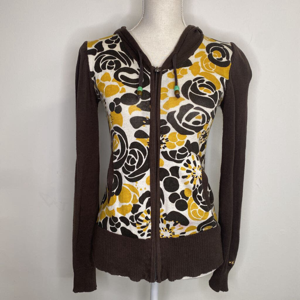 ONEILL - BROWN ZIP-UP HOODIE W/ YELLOW FLORALS