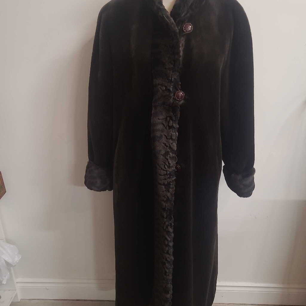 NOVELTI - BROWN FAUX FUR LONG COAT W/ FUR TRIM