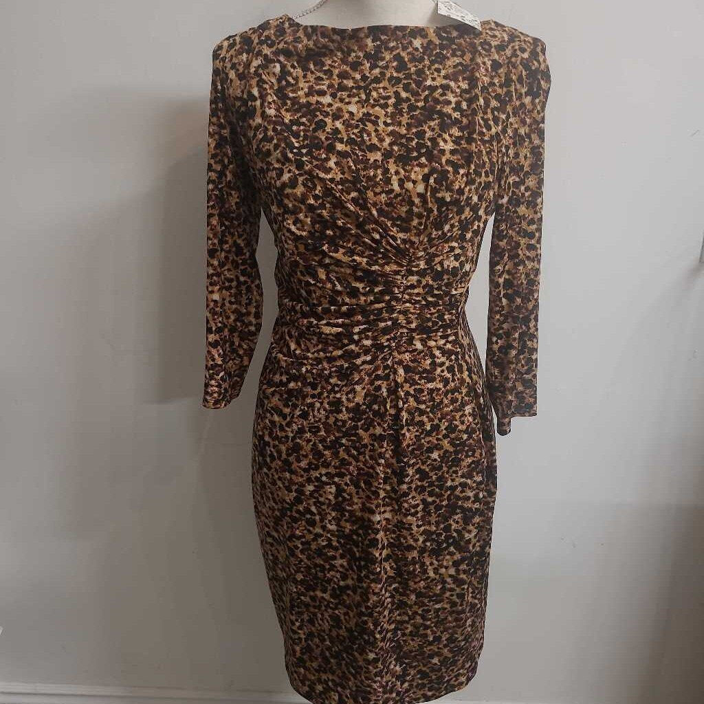CHAPS - LEOPARD L/S MIDI DRESS W/ RUCHING