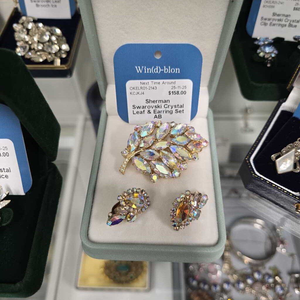 Sherman Swarovski Crystal Leaf & Earring Set AB