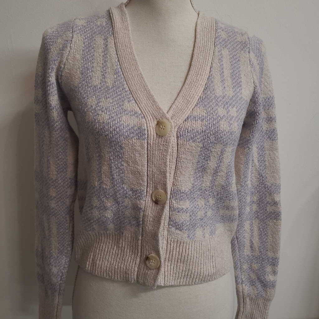 BEIGE & BLUE BUTTON FRONT SWEATER