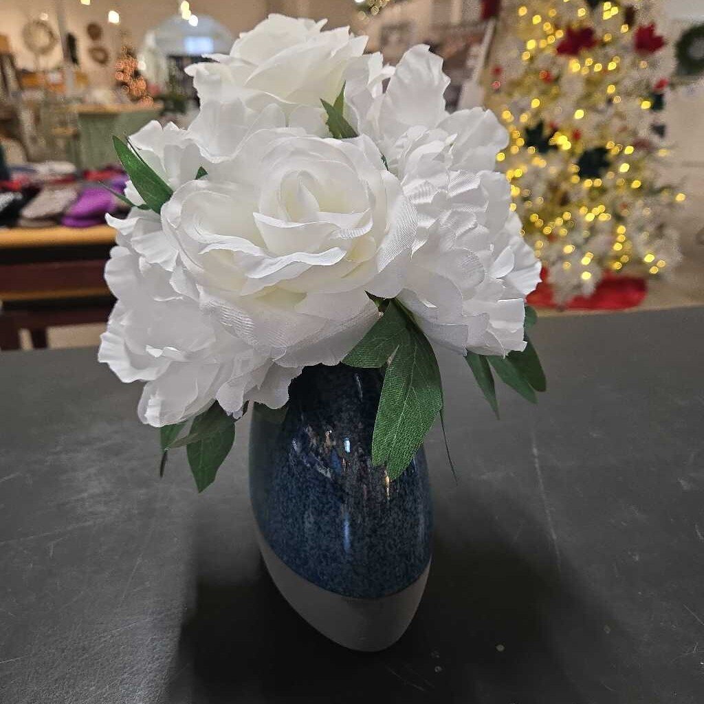FAUX FLOWERS IN BLUE VASE
