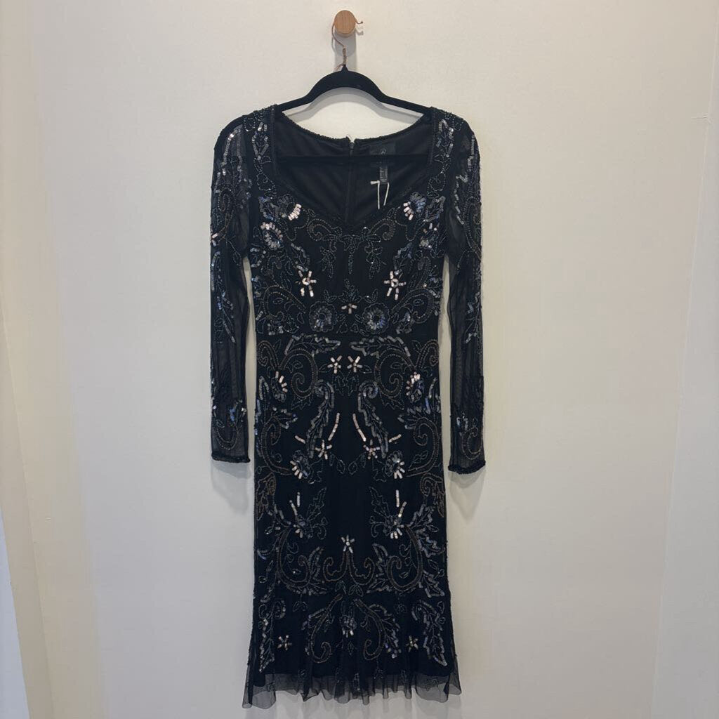 Black Beaded Floral Midi Dress