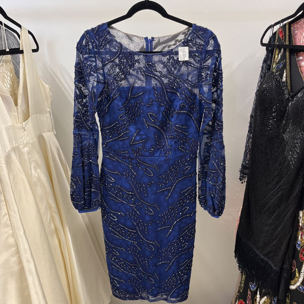 Royal Blue Beaded Long Sleeve Cocktail Dress