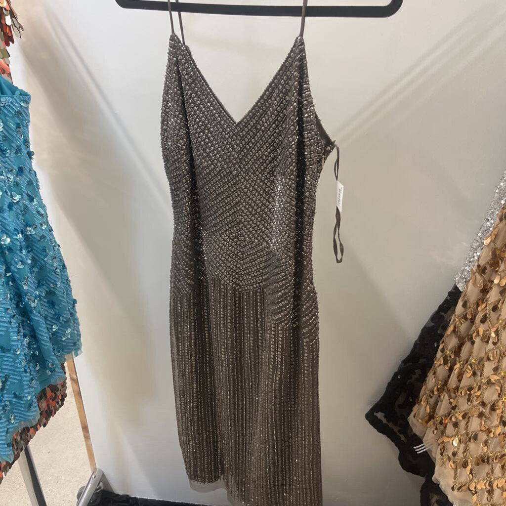 Gunmetal Beaded Geometric Sheath Dress