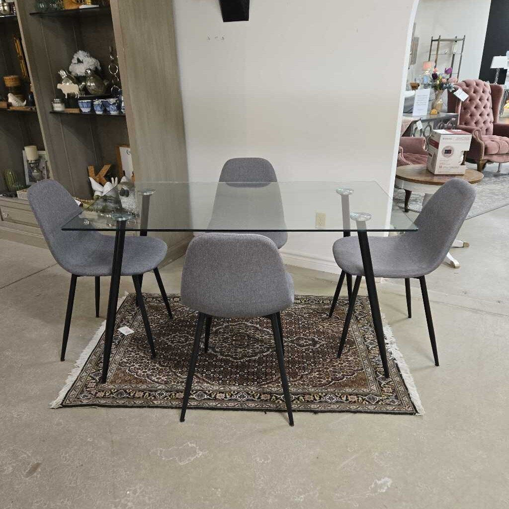 GLASS TOP TABLE + 4 GREY CHAIRS