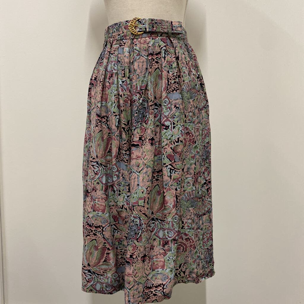 VTG - MULTI-COLOURED FLORAL MIDI SKIRT W/ BELT