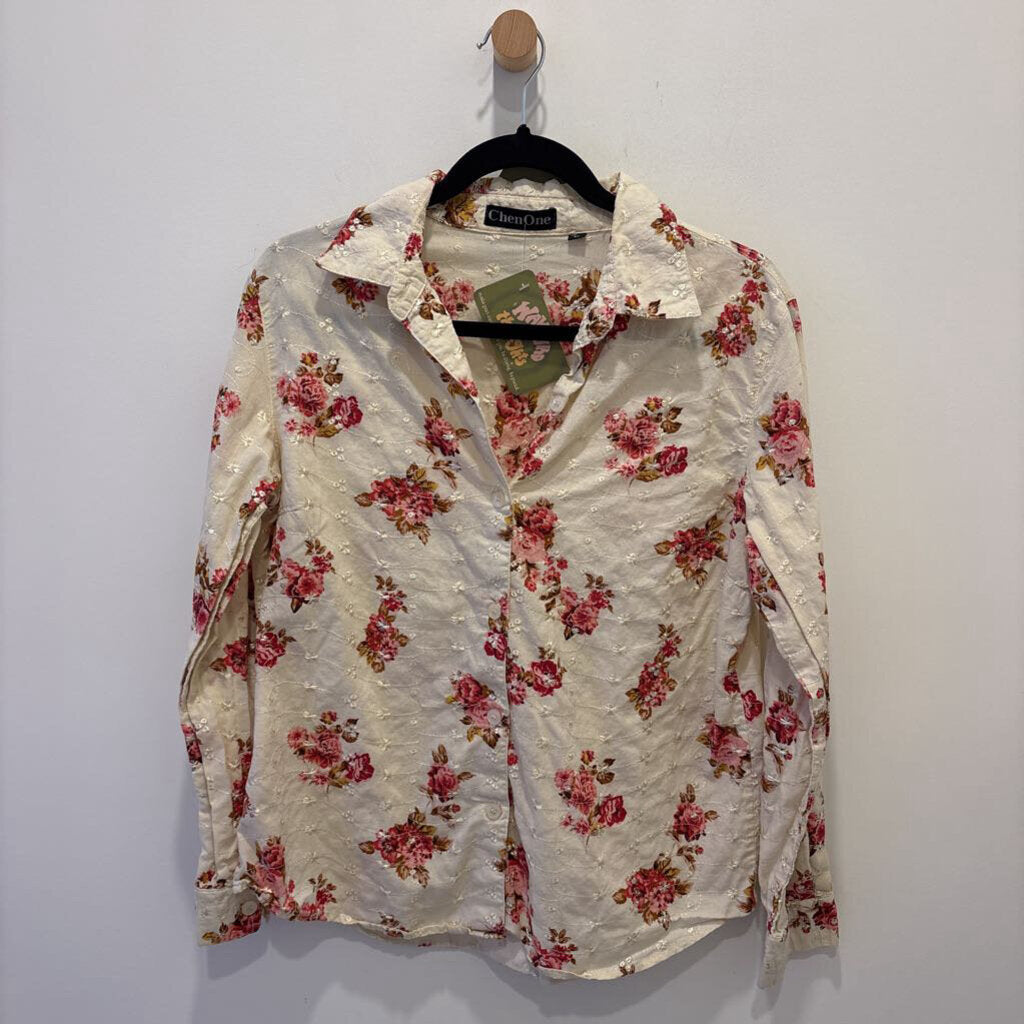 CHEN ONE - CREAM FLORAL EMBROIDERED LONG SLEEVE BUTTON UP BLOUSE