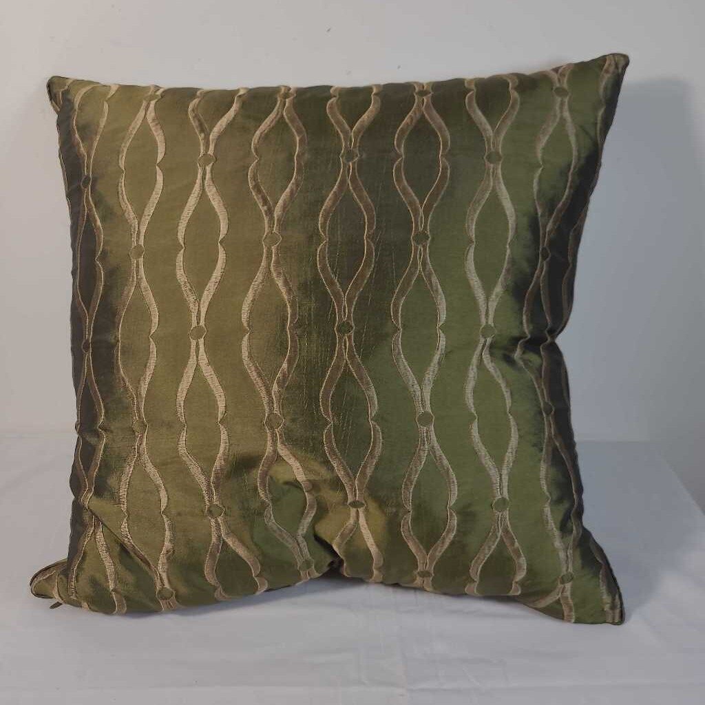 GREEN SATIN W/TAUPE DESIGN DOWN FILLED PILLOW
