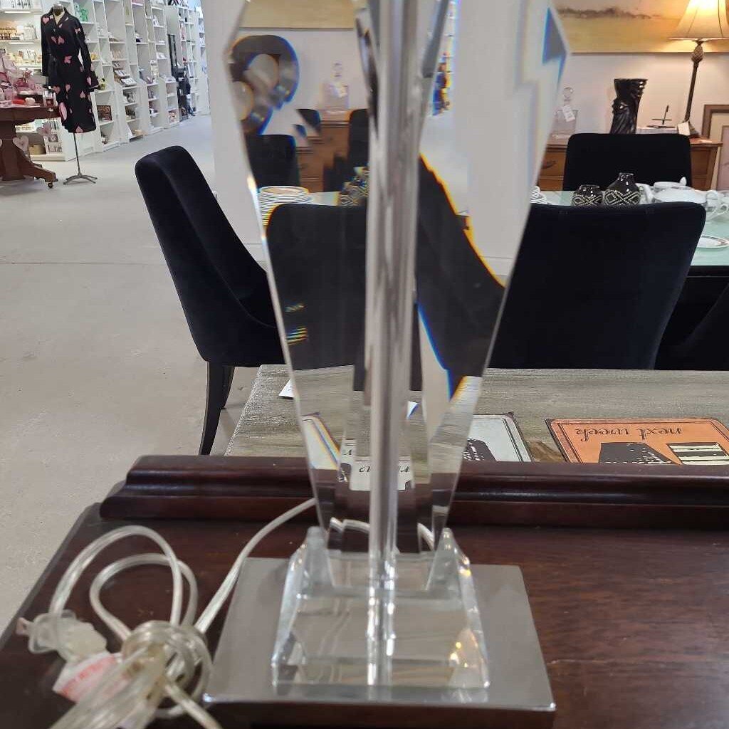 GLASS BASE TABLE LAMP W/ BLACK SHADE