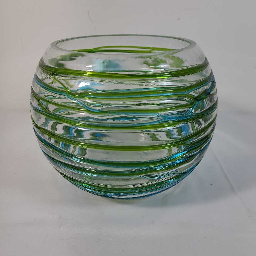 LG GREEN & BLUE GLASS ROUND VASE