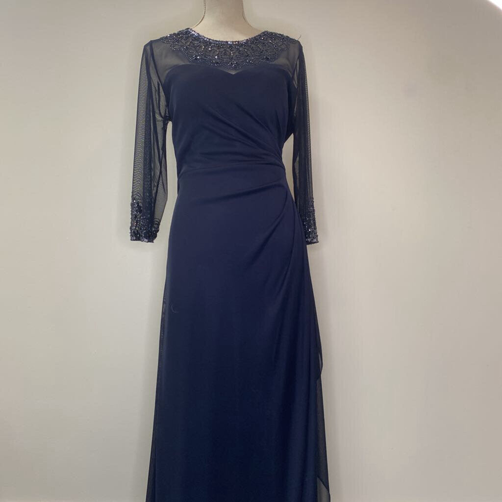 ALEX EVENINGS - NAVY L/S BEADED EVENING DRESS