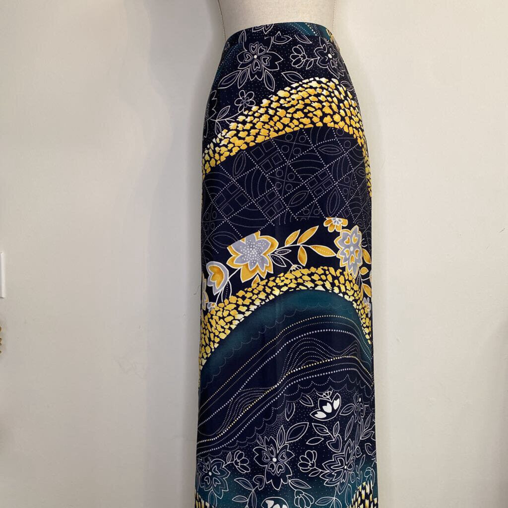 TRIBAL - NAVY/YELLOW PATTERNED MAXI SKIRT