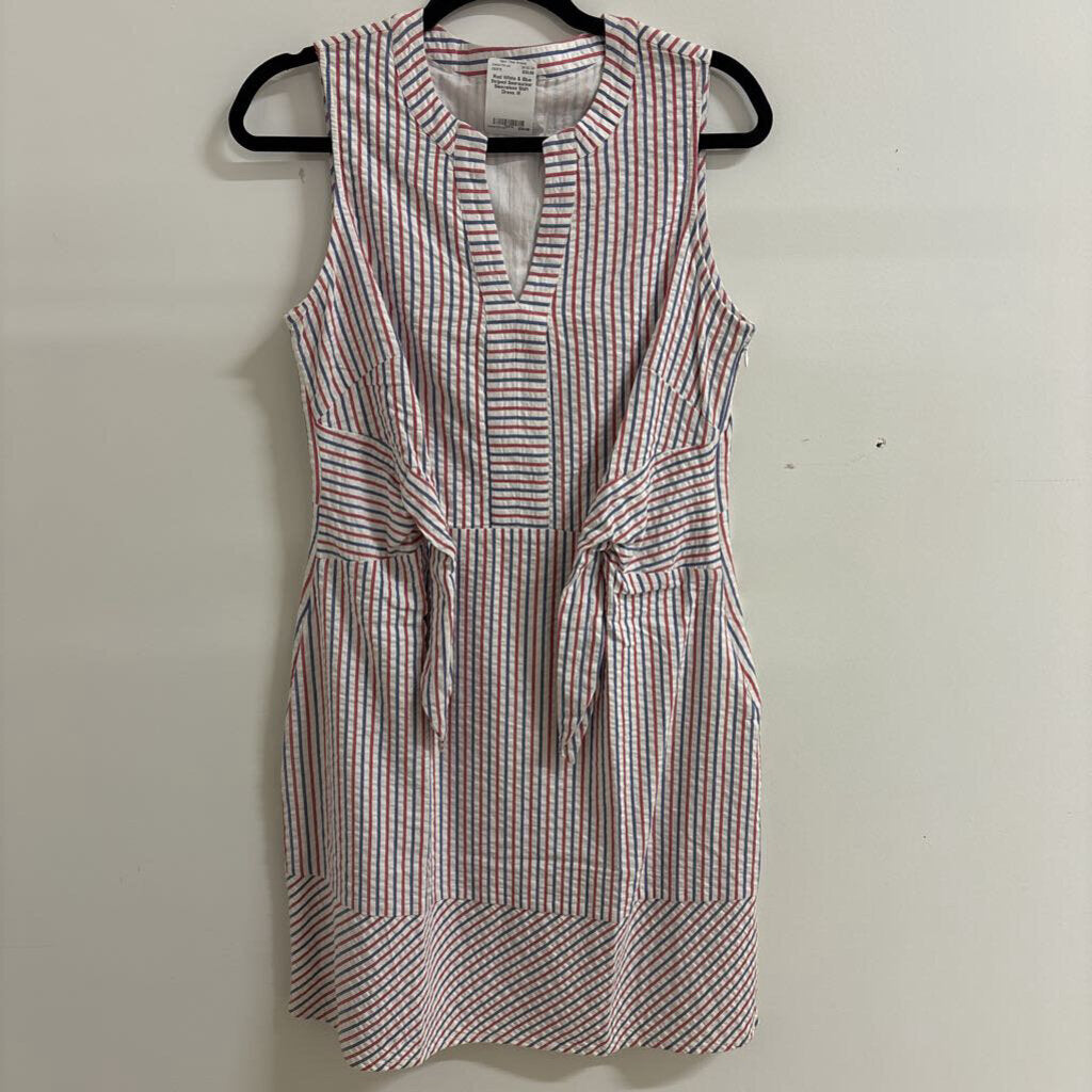 Red White & Blue Striped Seersucker Sleeveless Shift Dress.