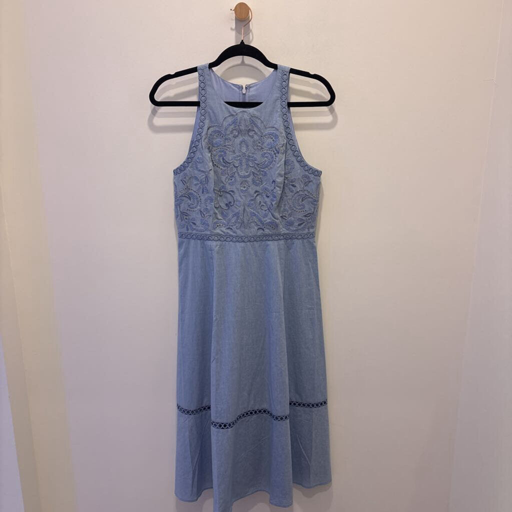 Light Blue Sleeveless Dress with Multi-Color Floral Embroidery.