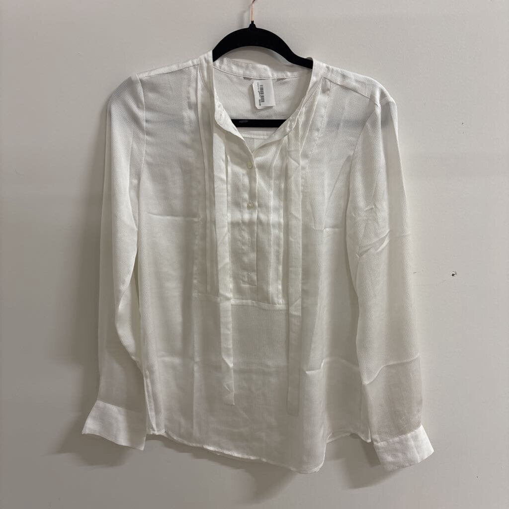 Elegant White Satin Button-Up Blouse with Pintuck Details.