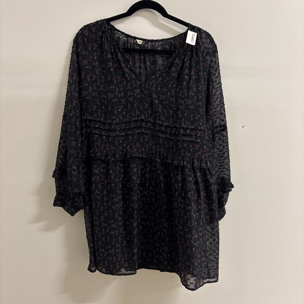 Black Floral Ruffled Chiffon Long Sleeve Mini Dress