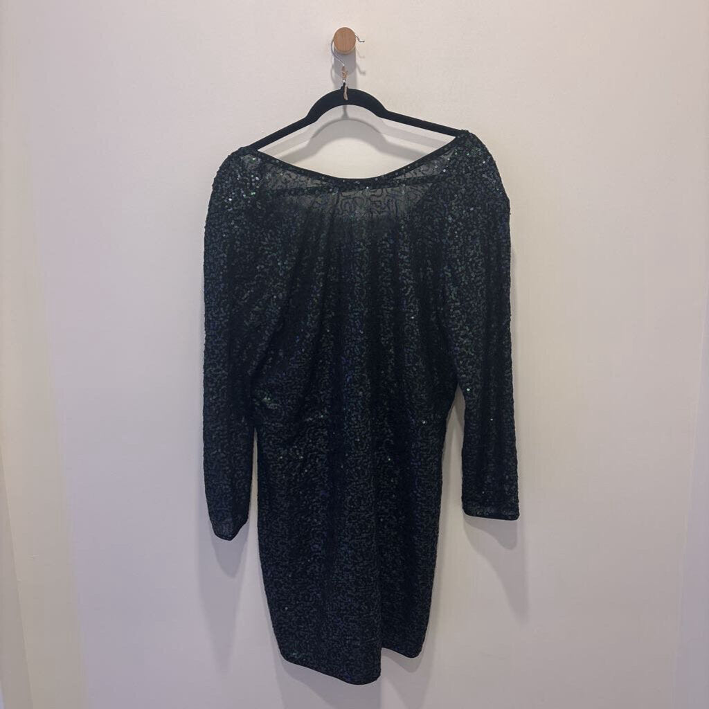 Emerald & Black Sequin Long-Sleeve Shift Dress