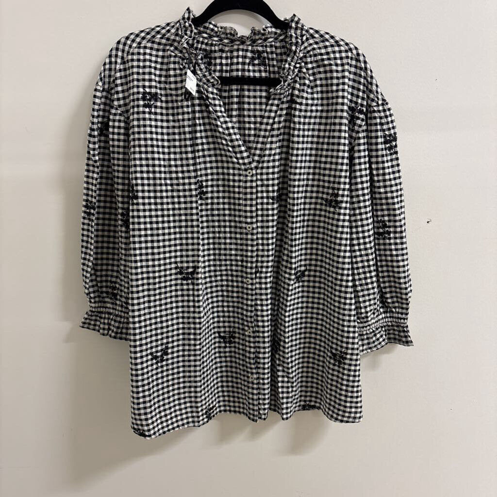 Black & White Gingham Floral Embroidered Blouse