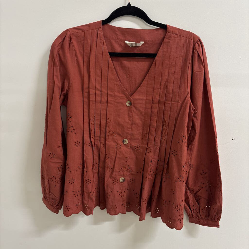 Rust Red Eyelet-Embroidered Scalloped Blouse