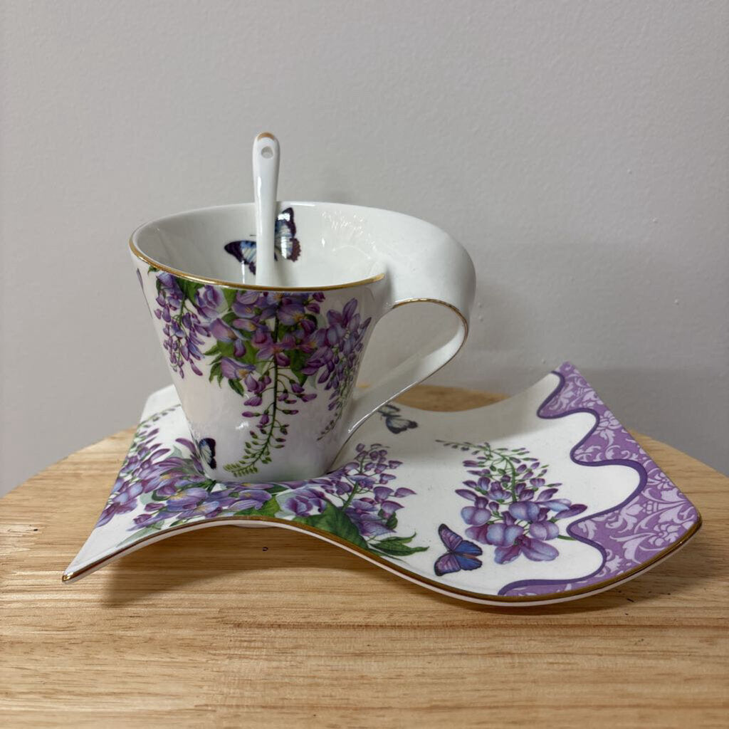 Hampstead Bone China Tea Cup, Spoon and Wave Saucer Set