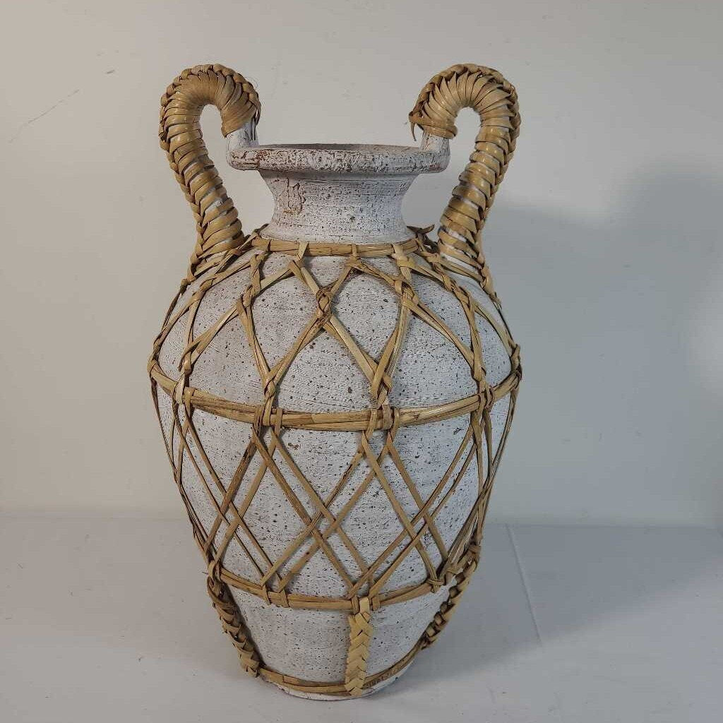 SM VTG RATTAN WRAPPED EARTHENWARE VASE