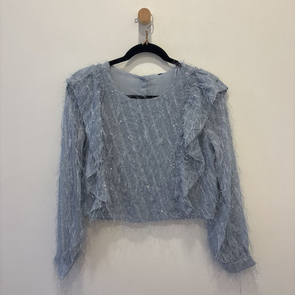 Light Blue Ethereal Tinsel & Sequin Ruffle Blouse