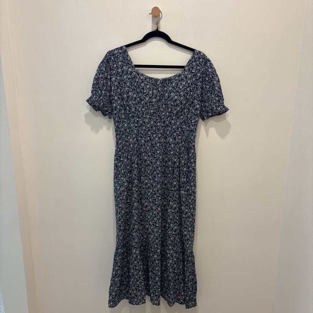 Navy Blue Ditsy Floral Puff Sleeve Midi Dress