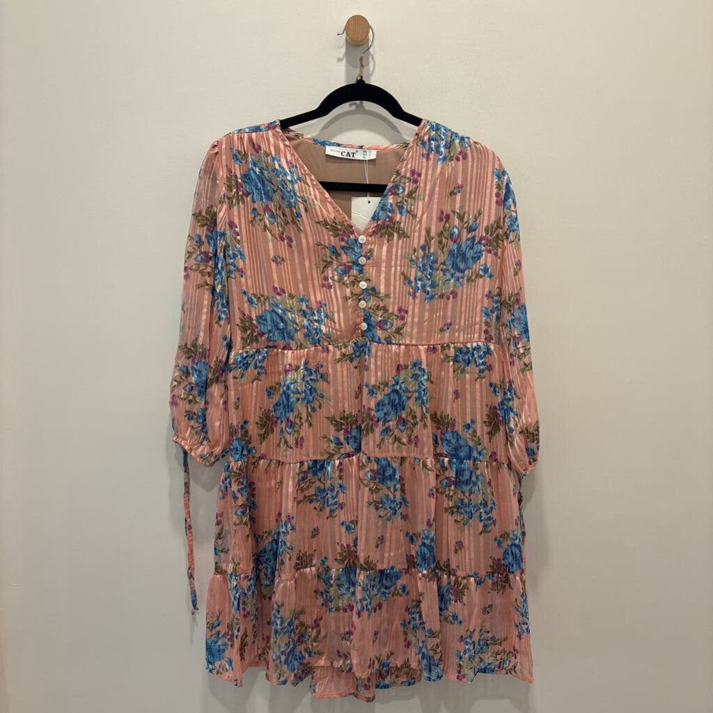 Pink & Blue Floral Pleated Tiered Mini Dress