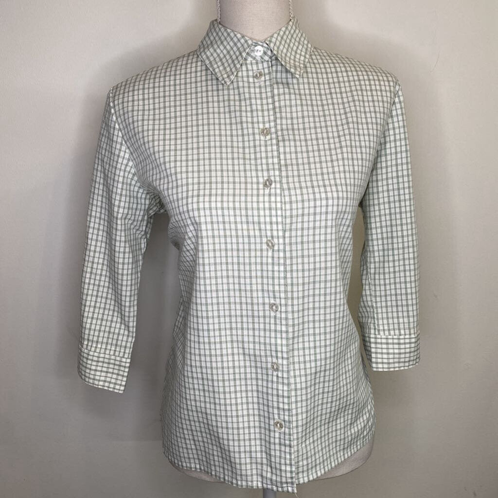 CREAM/GREEN GINGHAM 3/4 SLEEVE BUTTON-UP BLOUSE