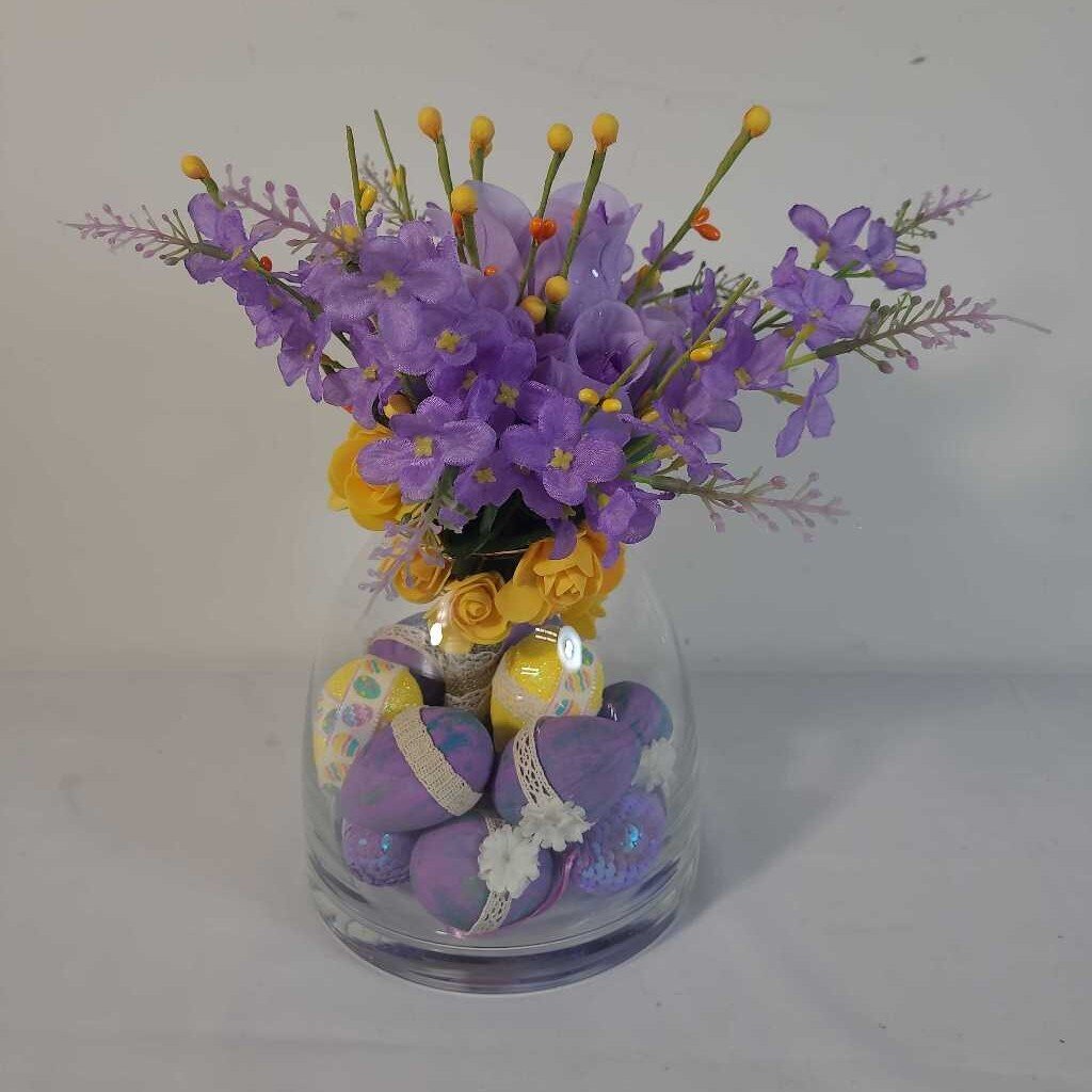 GLASS VASE W/PURPLE EGGS & SPRING FLOWERS