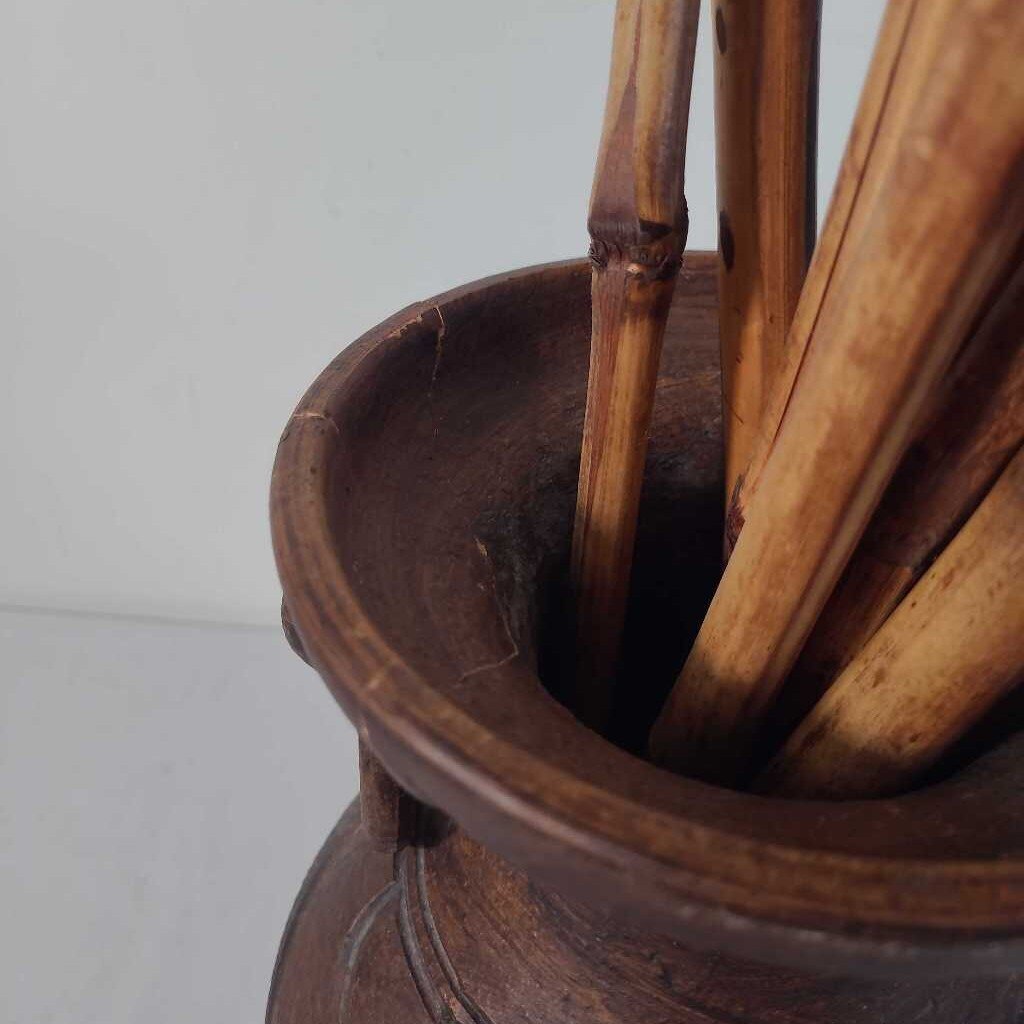 BRONZE VASE W/STICKS - PREVIOUS REPAIR NOTED IN PRICE