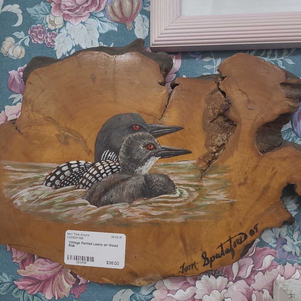 Vintage Painted Loons on Wood Slab