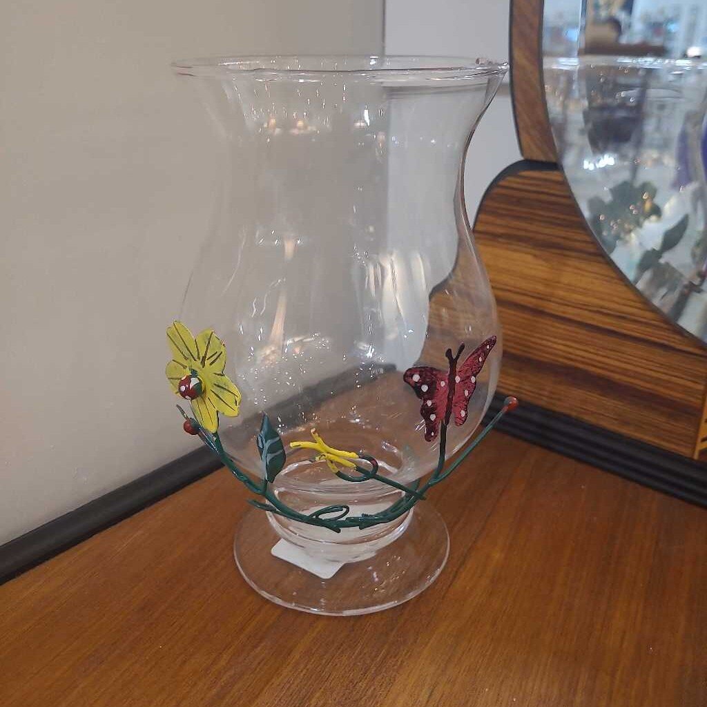 Clear Glass Vase with Metal Flower Decor