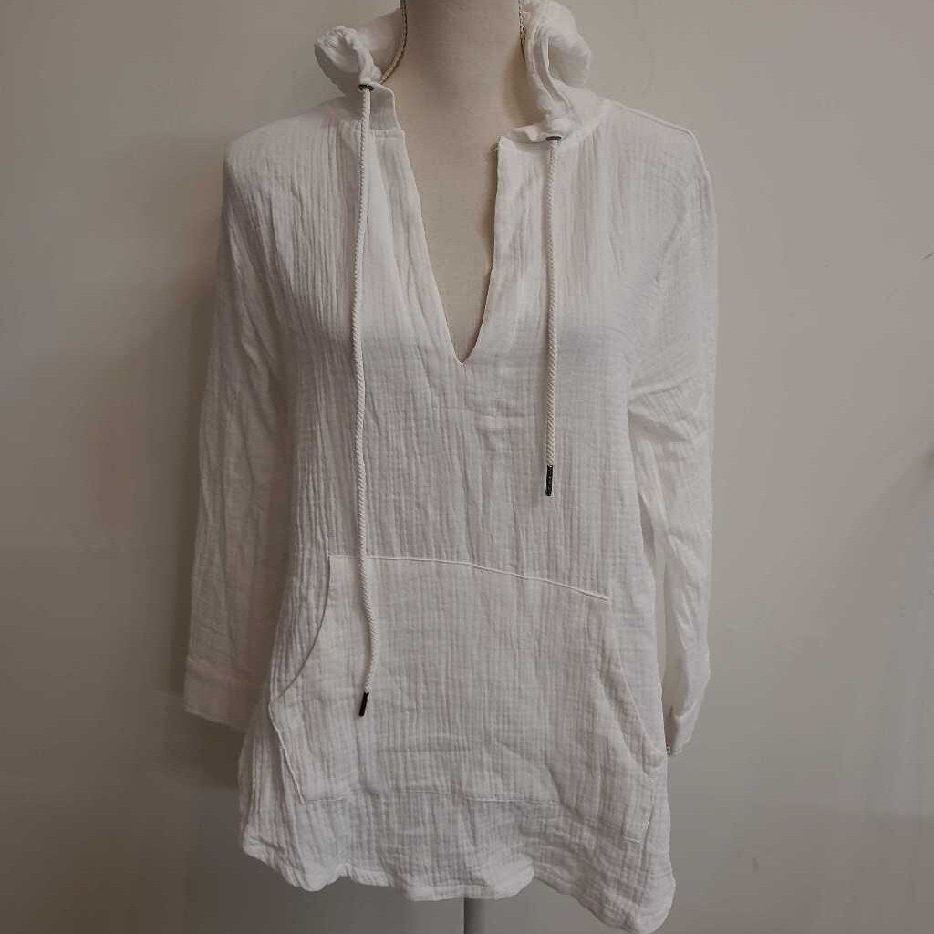 WHITE HOODED TOP WITH FRONT POCKETS