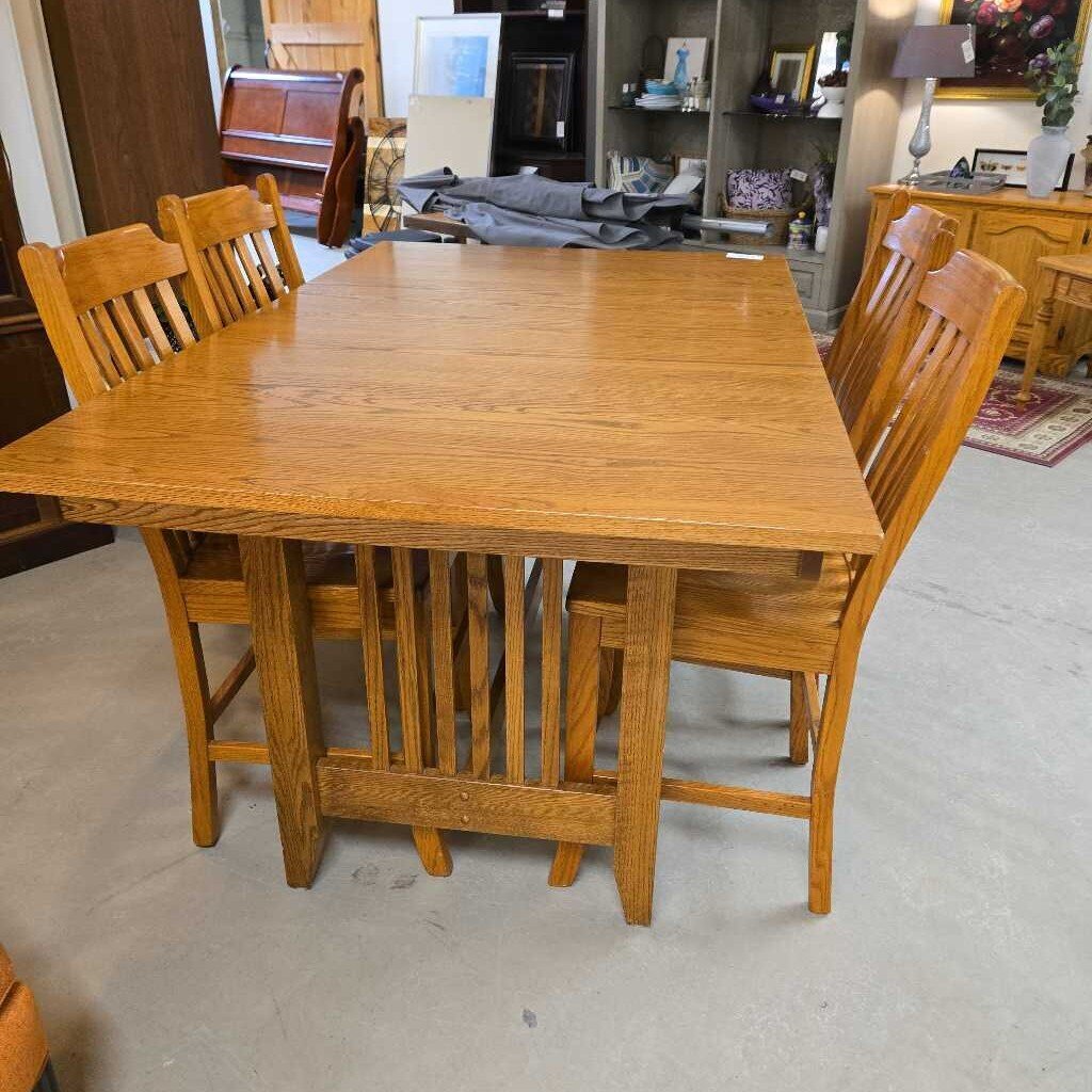 OAK MISSION STYLE PUB TABLE & 4 CHAIRS