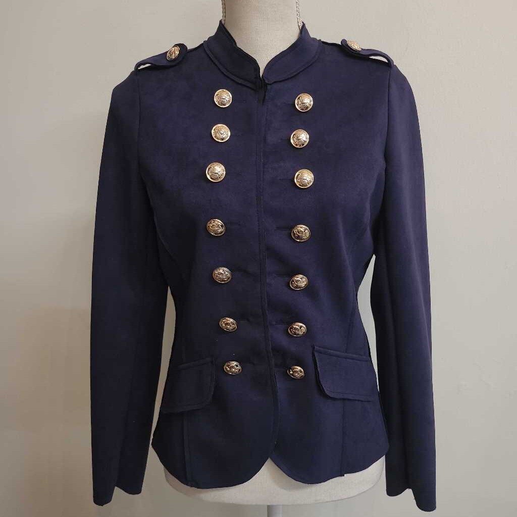 NAVY FAUX SUEDE BLAZER WITH GOLD BUTTONS