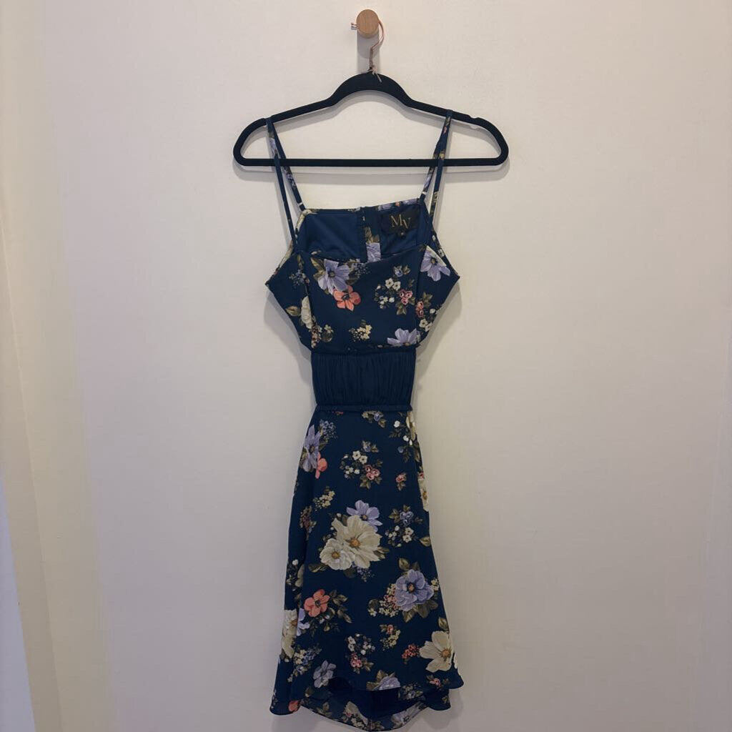 Navy Blue Floral Cut-Out Puff-Sleeve Mini Dress