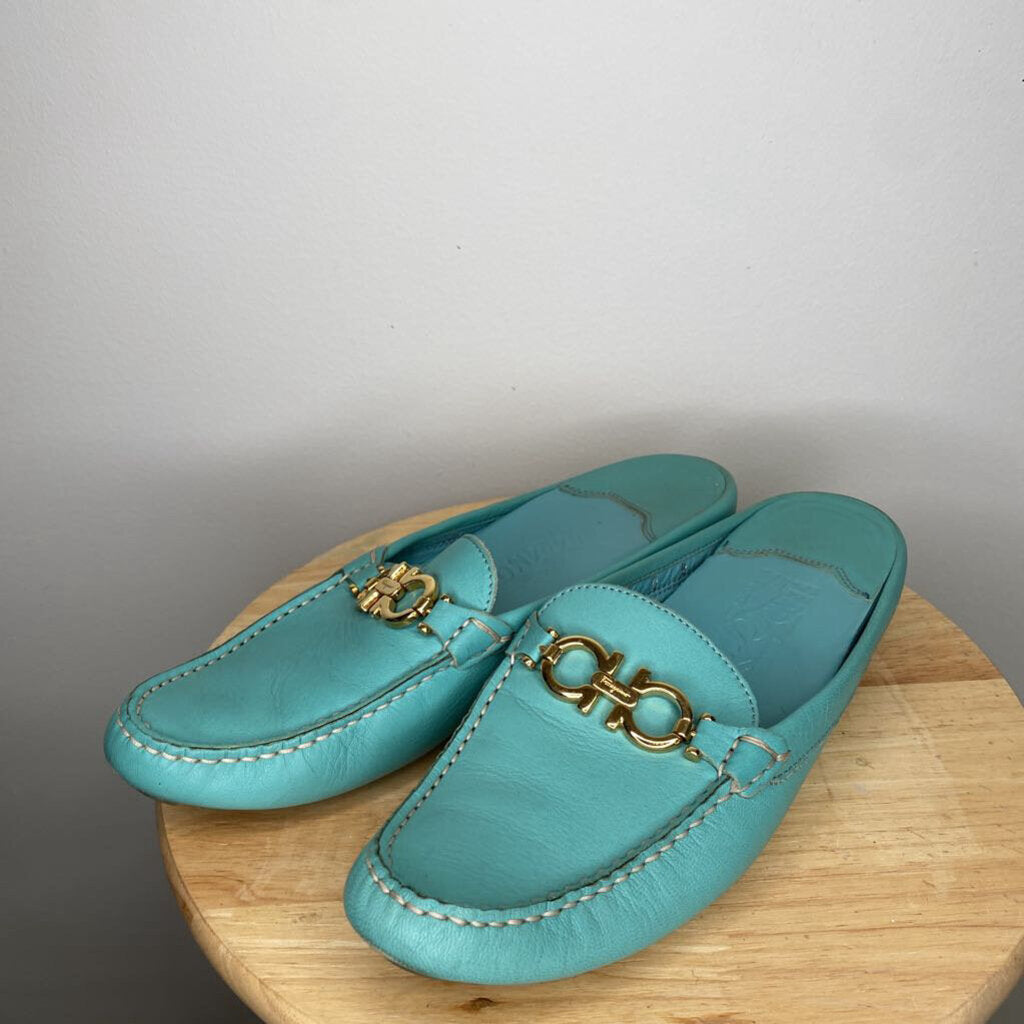 GREEN LEATHER BACKLESS LOAFERS
