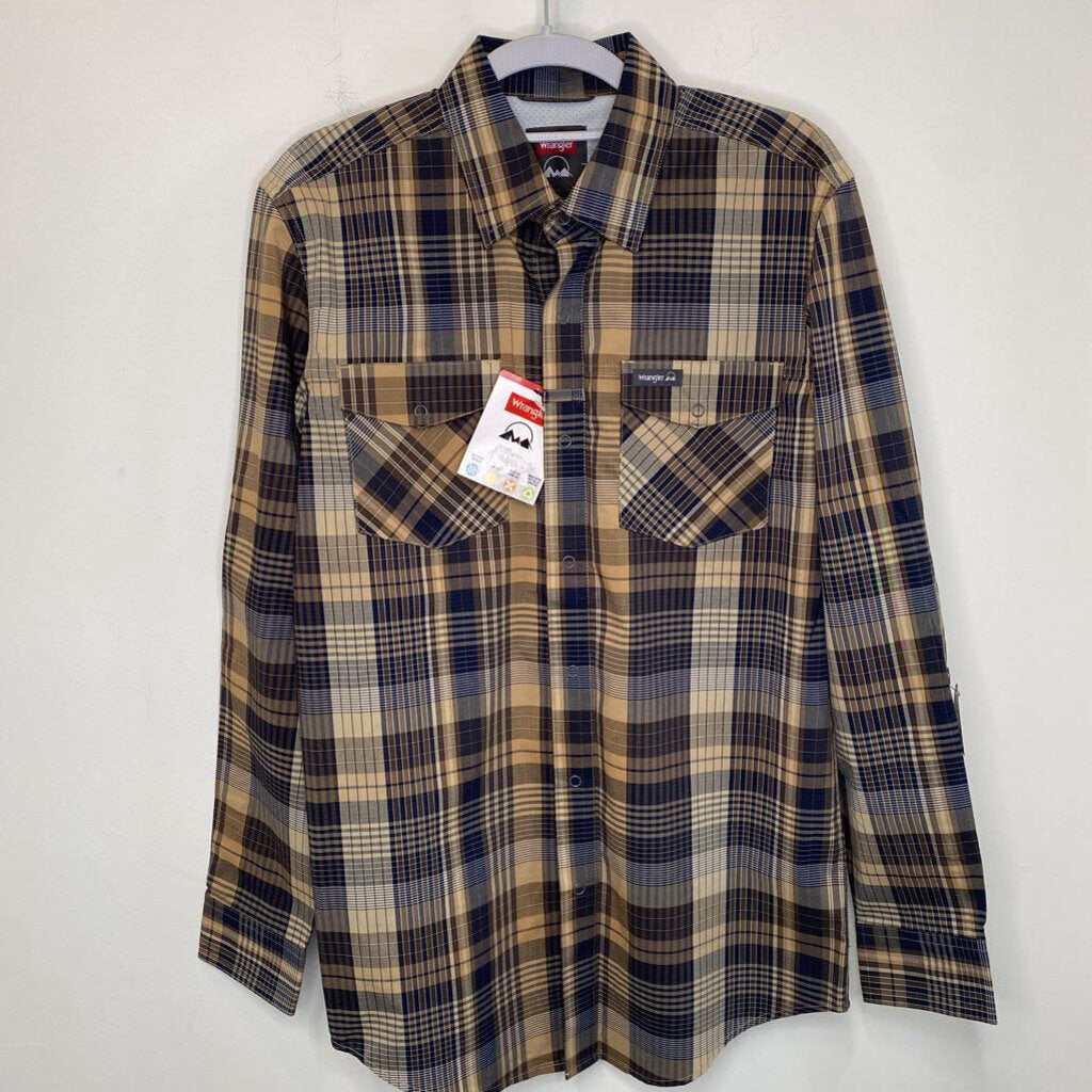 *NWT* WRANGLER - BROWN/NAVY "REGULAR FIT" PLAID L/S BUTTON-UP