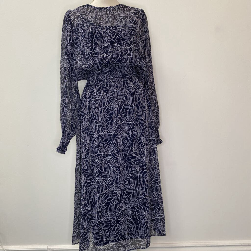 TOMMY HILFIGER - NAVY/WHITE PATTERNED L/S MIDI DRESS