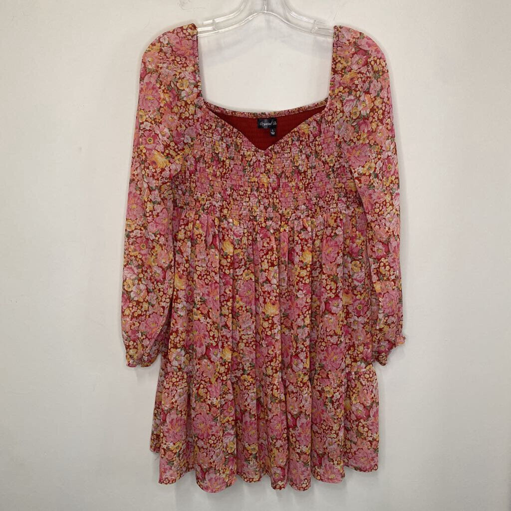 CRYSTAL DOLL - PINK/YELLOW FLORAL SHIRRED L/S MINI DRESS