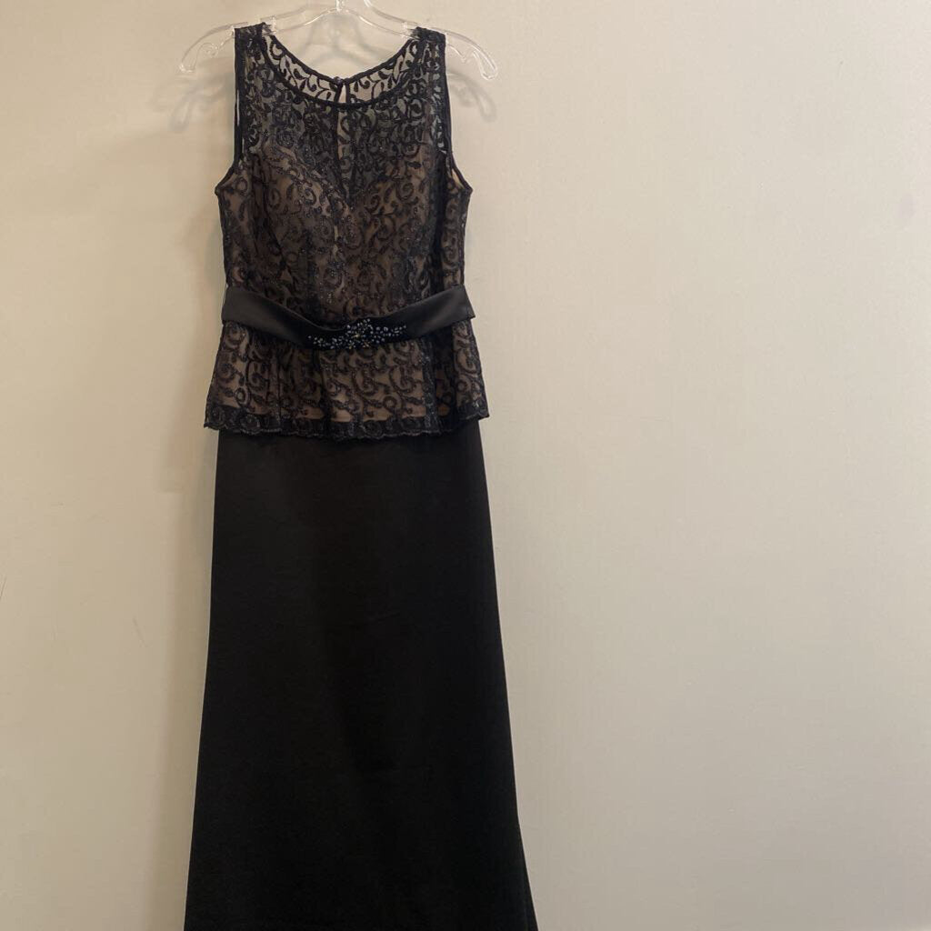 LAURA - BLACK SATIN SLEEVELESS LACE PEPLUM EVENING DRESS