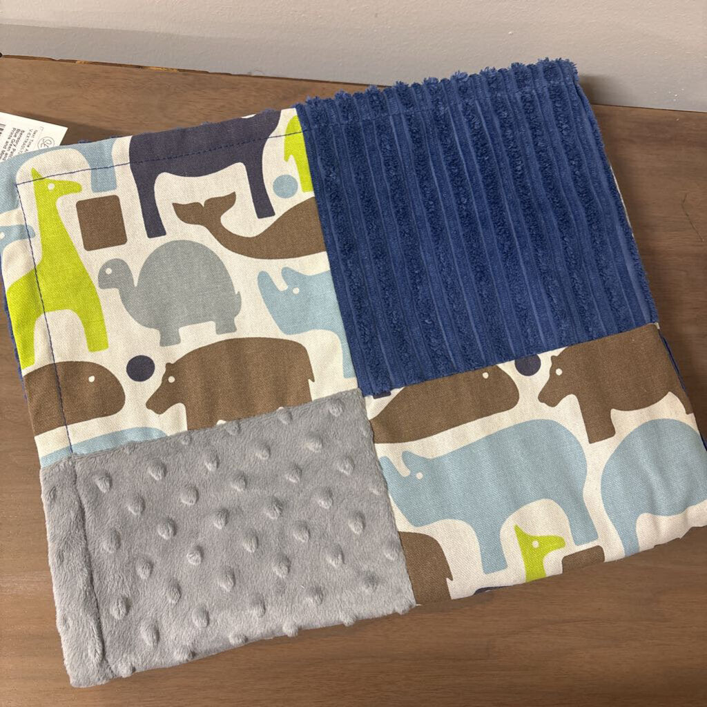 Sensory Patchwork Blanket in Blue Green and Brown. Cotton Prints and Minky 28"x 34"