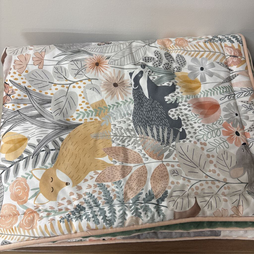 Into The Woods Blanket cotton prints with Cream Dimple Minky as well as Peach Minky Piping and Green Dimple Minky on the back 34"x 44"
