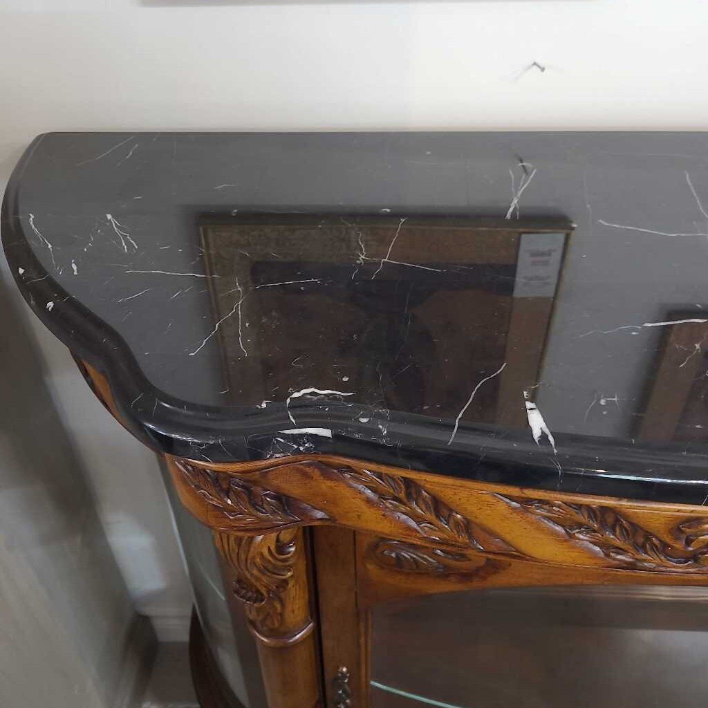CHERRY WOOD DISPLAY CABINET - MARBLE TOP