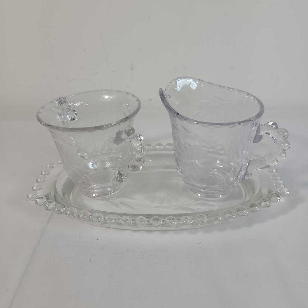 VTG CORNFLOWER CANDLEWICK 3PC CR&SUGAR SET
