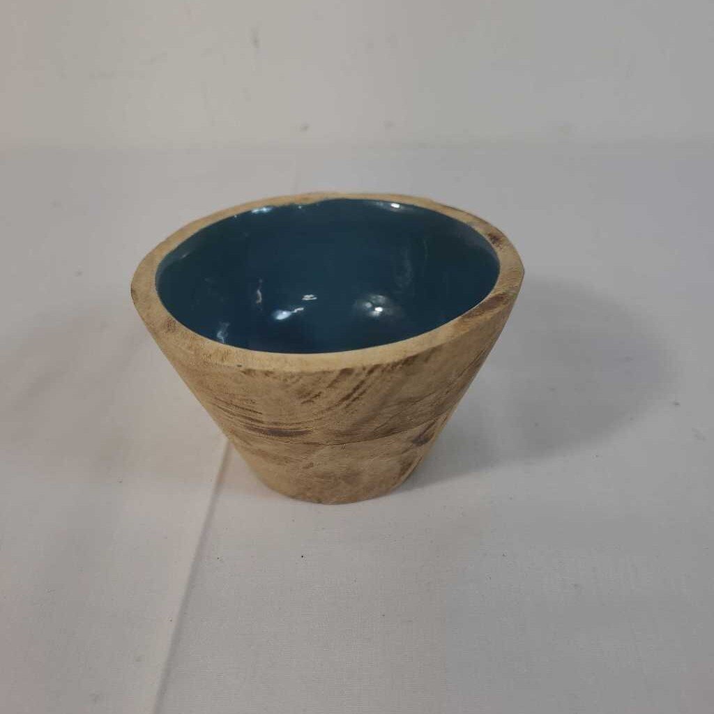 WOOD BOWL W/ BLUE GLAZE INSIDE
