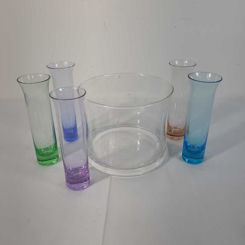 S/5 COLOURED CRYSTAL SHOT GLASSES & ICE BUCKET